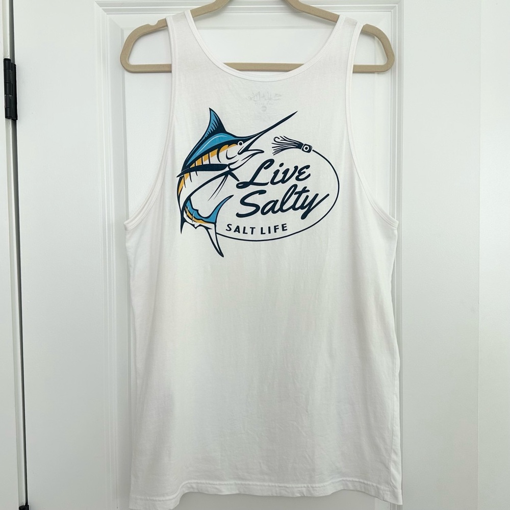 Salt Life White Tank Top with Marlin Graphic “Live Salty” - Beach / Fishing